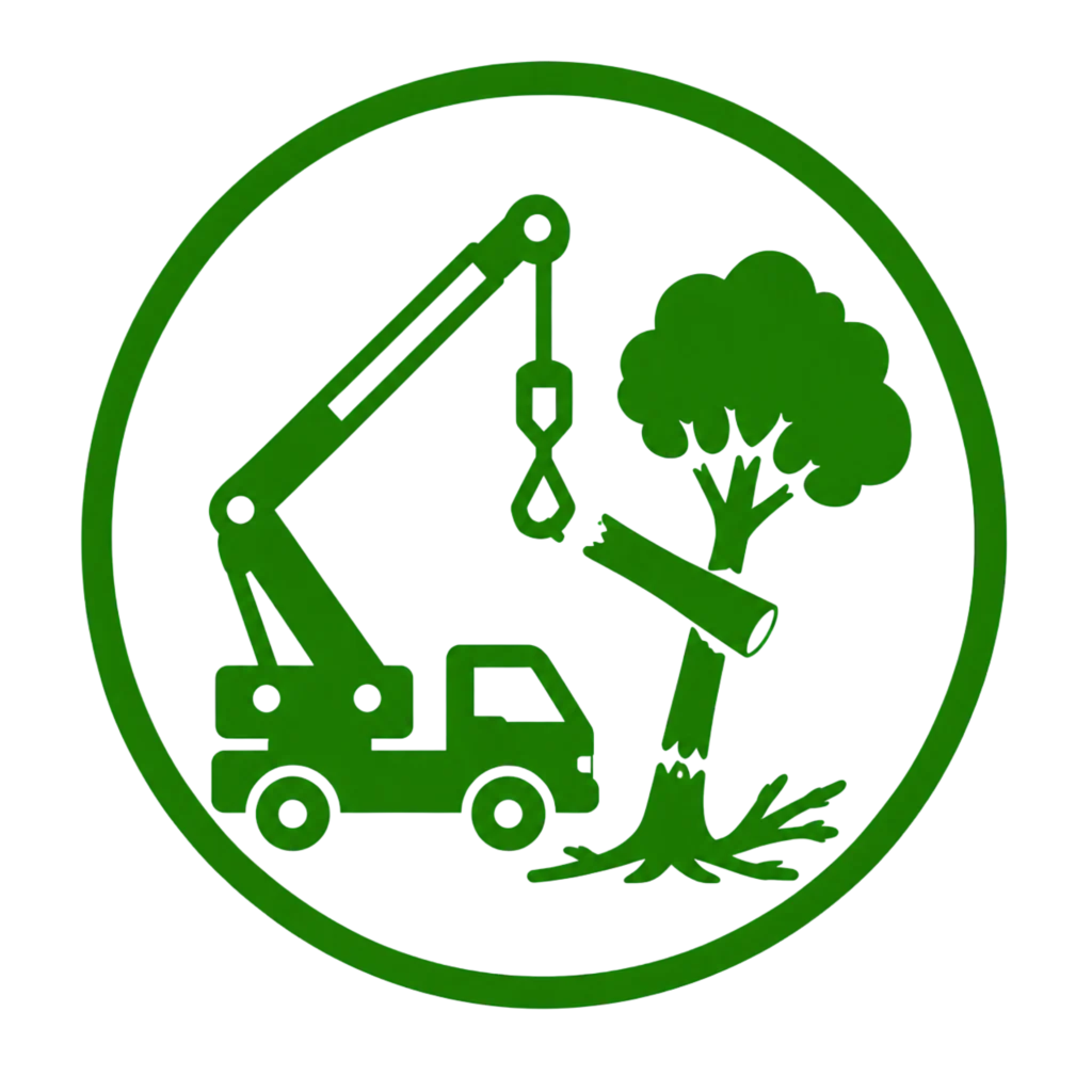 A green crane positioned next to a tree, enclosed within a circular frame, symbolizing safe tree removal practices.