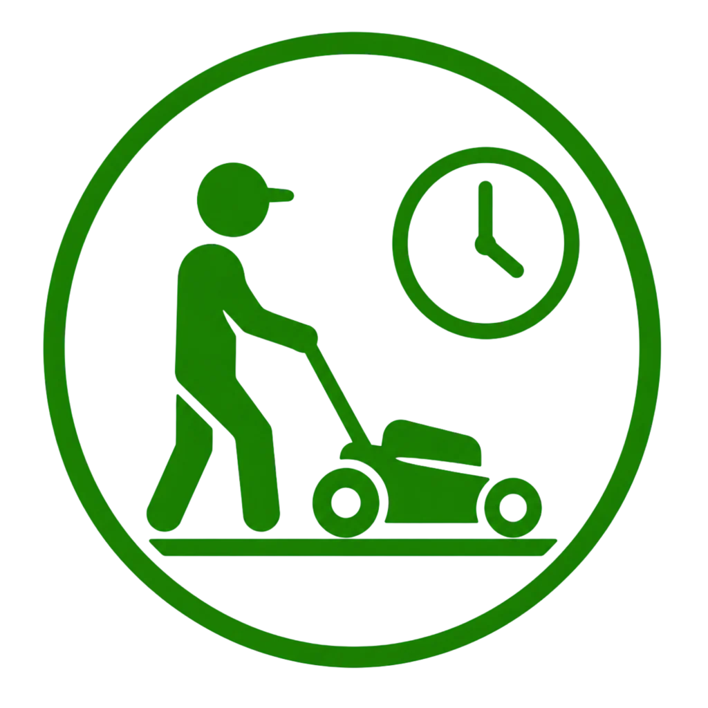 Green sign depicting a man mowing the lawn alongside a clock, symbolizing time-saving and effort-reducing lawn care.