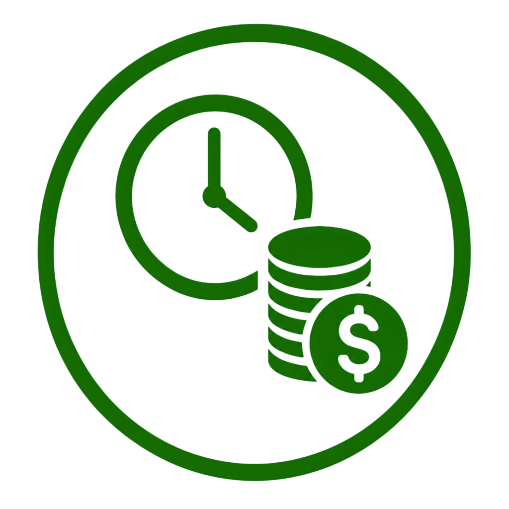 Green circle featuring a clock and dollar coins, symbolizing time and cost savings.