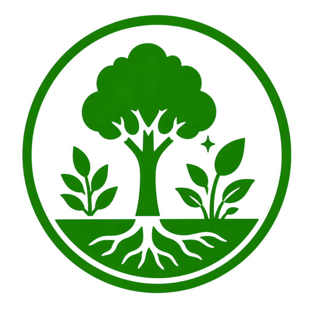 Green logo featuring a tree and plants, symbolizing support for healthier landscapes and environmental sustainability.