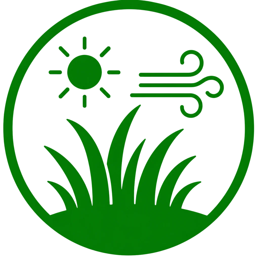 Green circle labeled "green energy" with arrows indicating sunlight, symbolizing support for healthier vegetation.