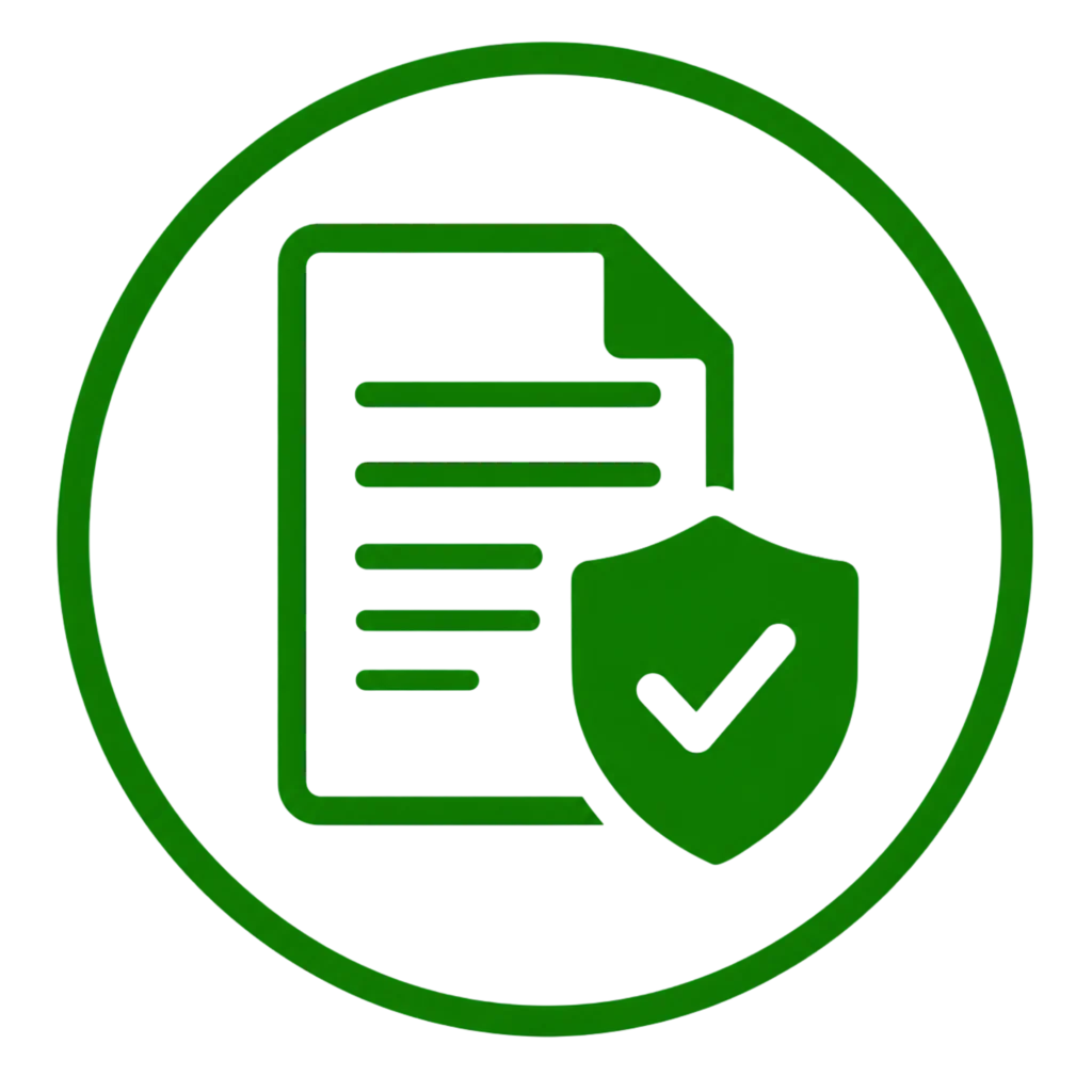 Green circle featuring a document with a check mark, symbolizing support for insurance documentation.