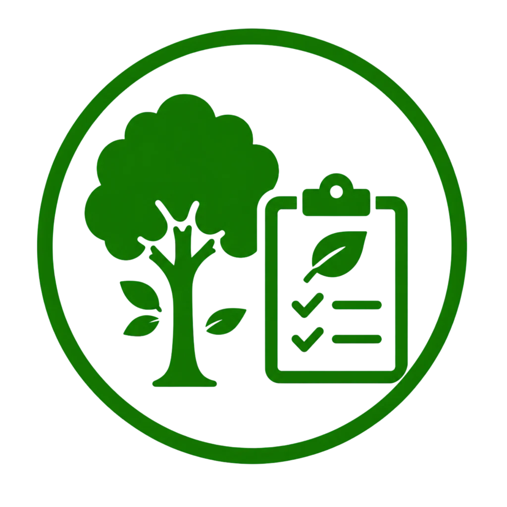 A green tree beside a clipboard featuring a check mark, symbolizing tree health support and assessment.