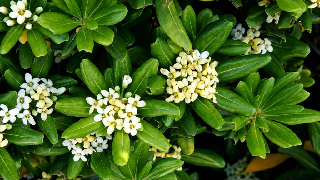 A lush pittosporum hedge featuring vibrant green leaves and clusters of delicate white flowers.