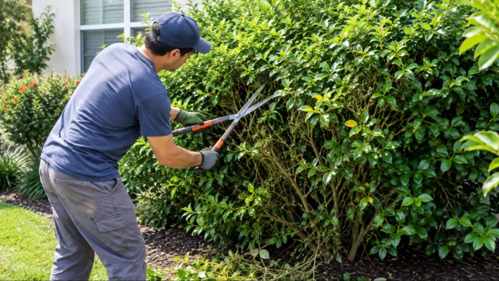 A man using hedge clippers to trim overgrown bushes in a residential yard.