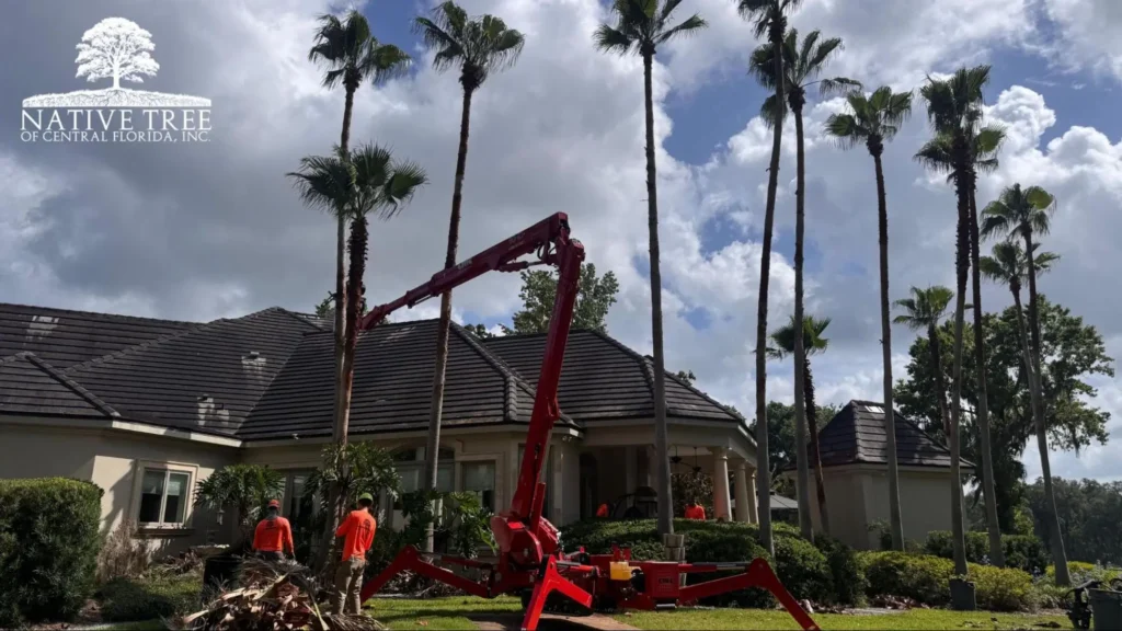 A man operates a crane to lift palm trees, demonstrating the process of pruning them for maintenance.
