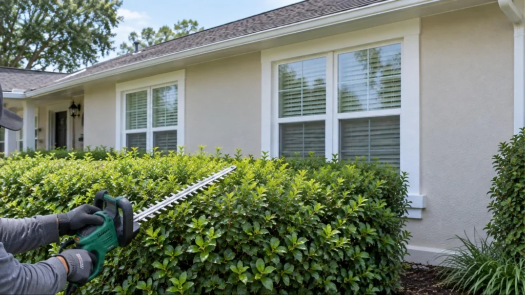 A man wearing a hat and gloves trims bushes in front of a house using a hedge trimmer.