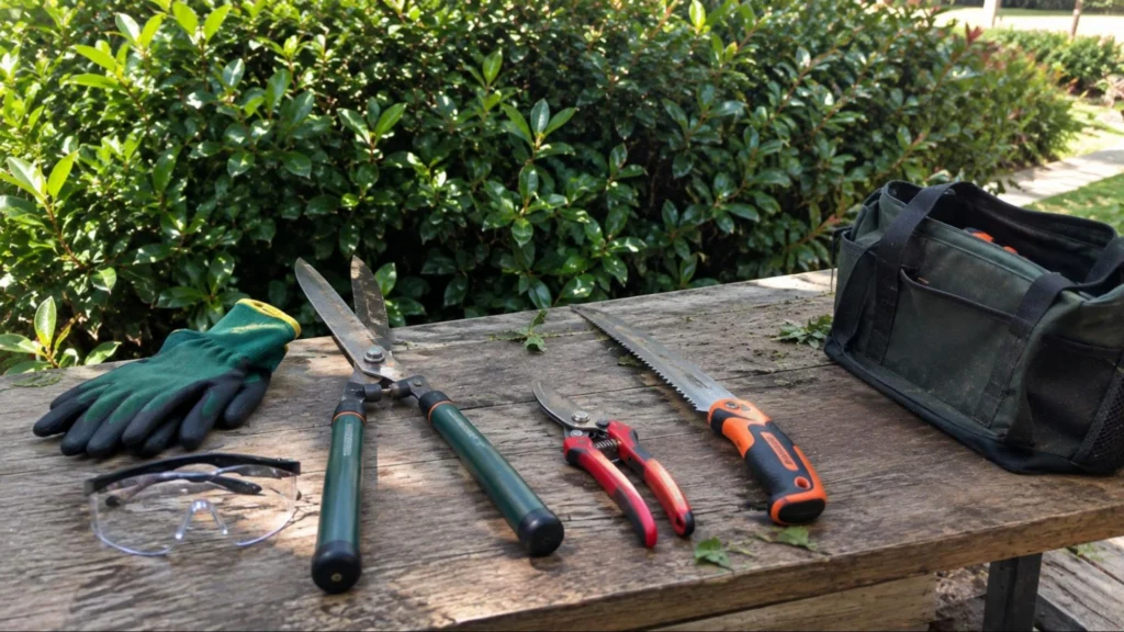 A table displaying various gardening tools, including shears, pruners, gloves, and a trowel for trimming bushes.