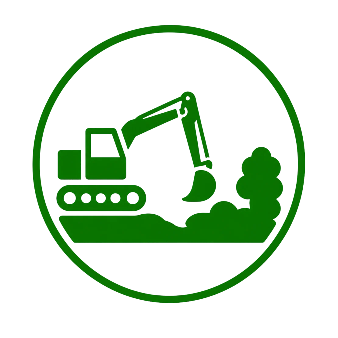 Green and white logo featuring an excavator and a tree, symbolizing land preparation for development.